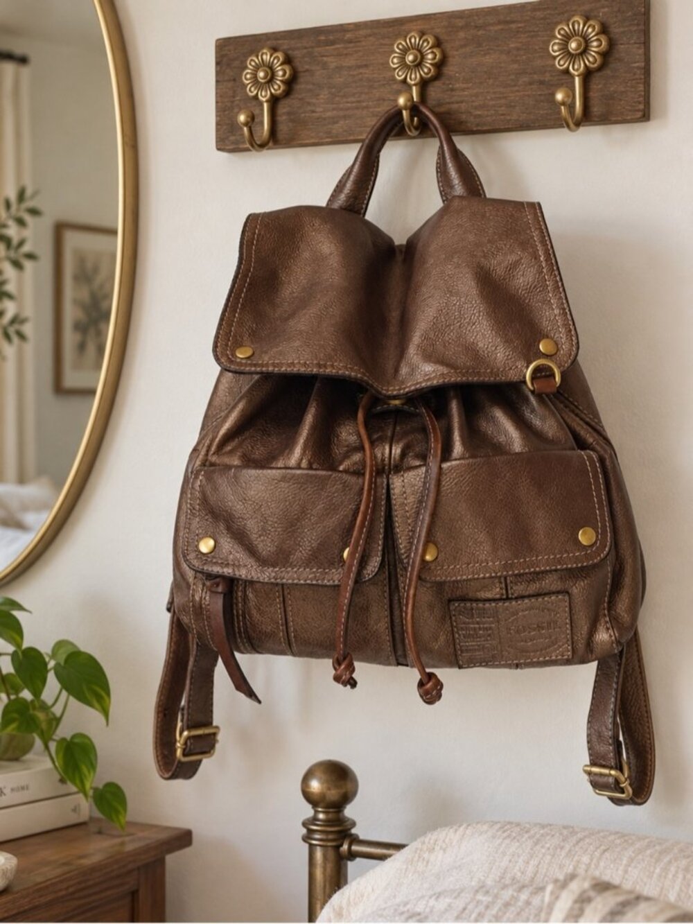 Fossil Womens Brown Leather Backpack Rucksack Boho Travel Shoulder Bag Vintage